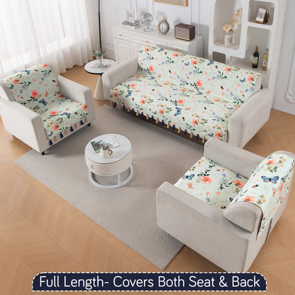 Holland  Velvet 5-Seater Sofa Cover with Tassel (3+1+1), Pastel Butterfly Meadow