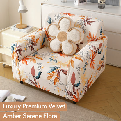 Premium Printed Velvet Sofa Cover 1/2/3 Seaters Fully Covered, Amber Serene Flora