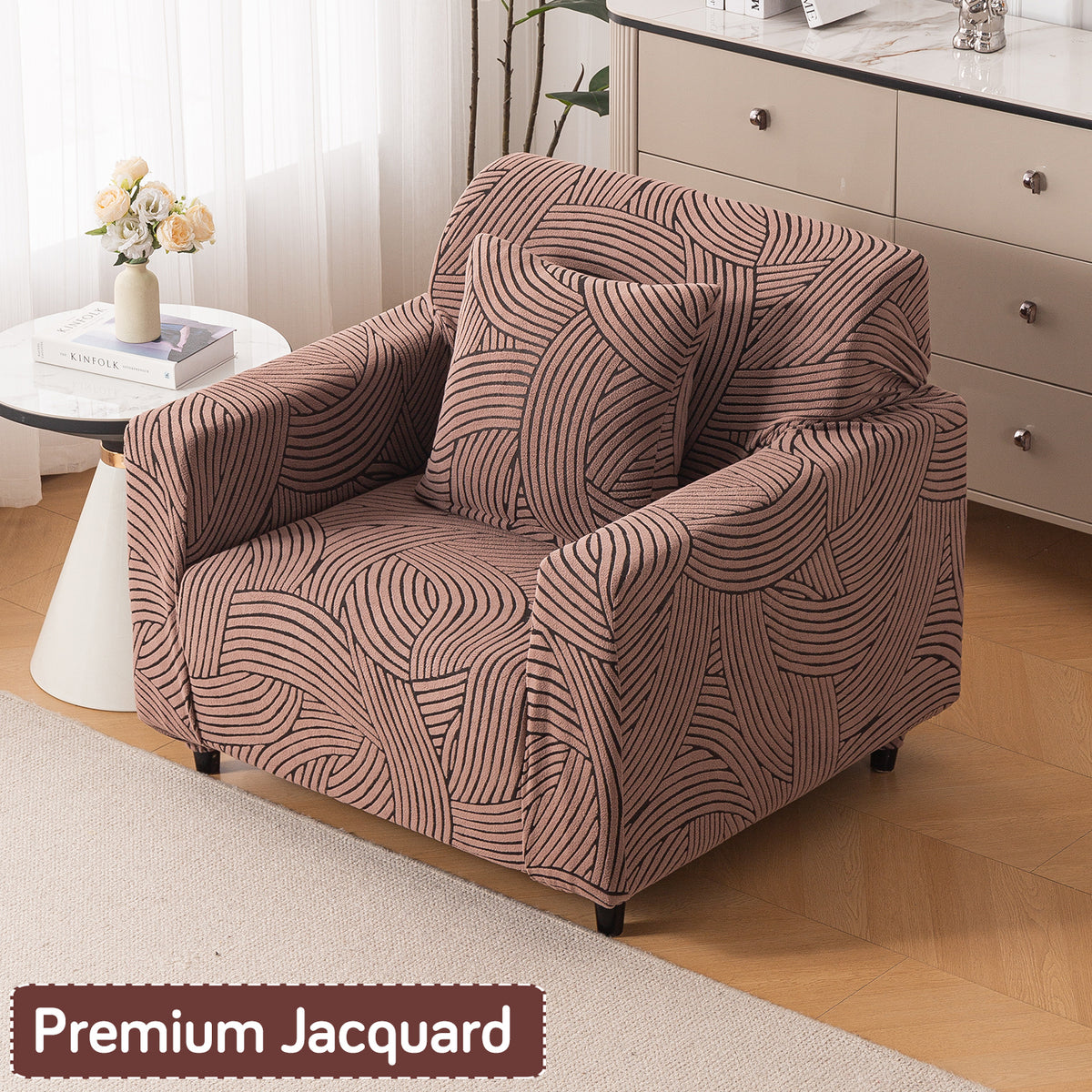 Buy rust brown colour waveline series jacquard 1 seater sofa cover​