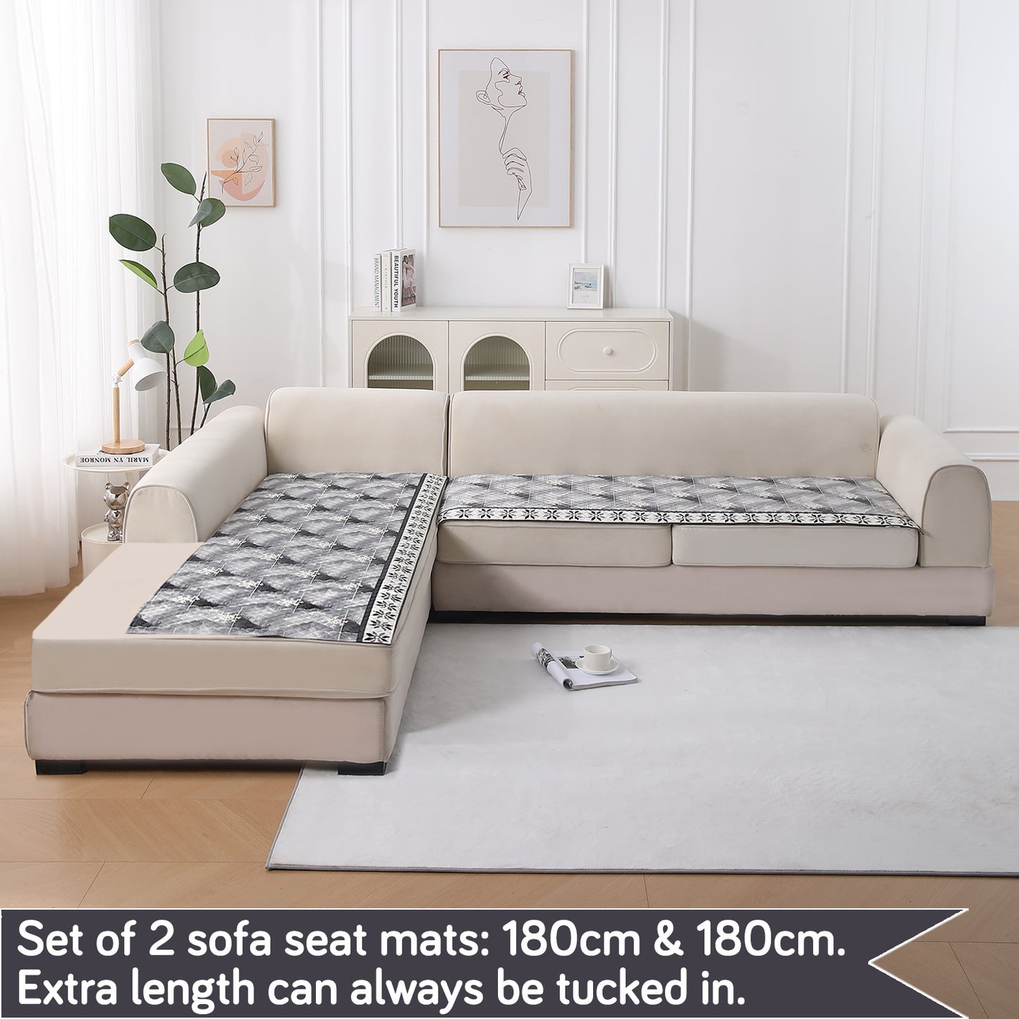 LiefNest Printed Holland Velvet L Shape Sofa Seat Mat with Foam Filling - Snowflakes Gradient Grey