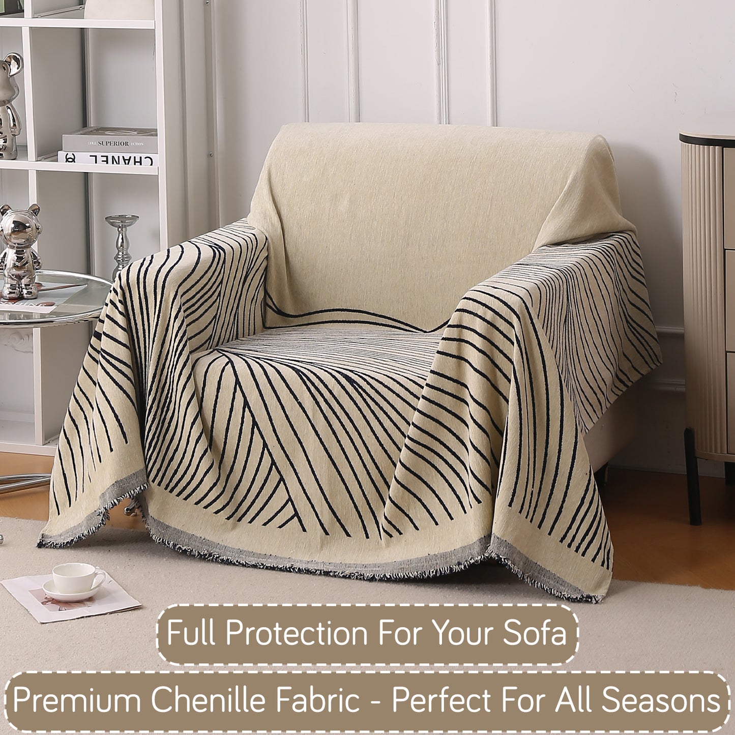 WaveLoom Collection Printed Chenille Sofa Cover Throw, Navy Blue