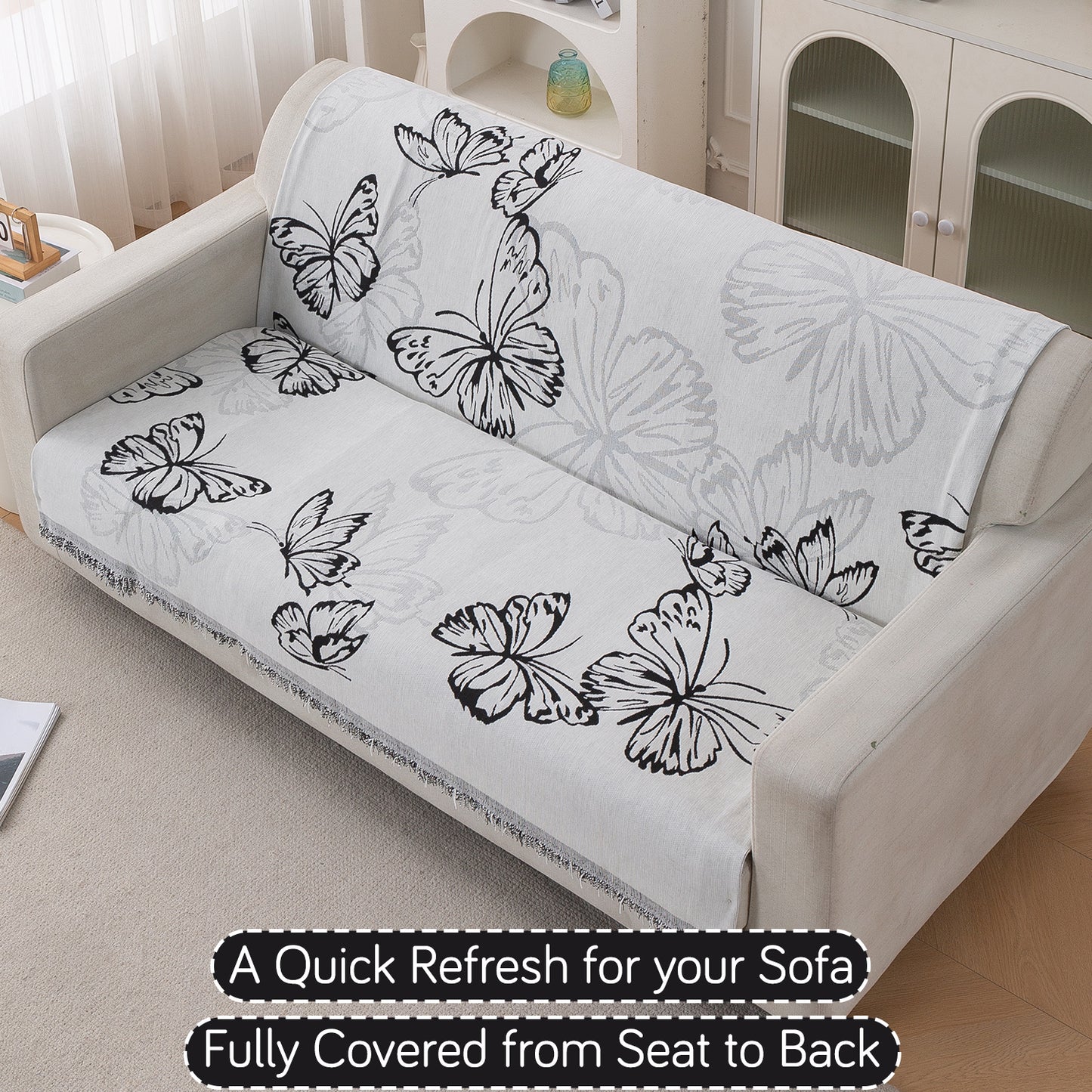 Premium 320 GSM Chenille Sofa Cover 'Serene Abode Series', Monochrome Butterfly