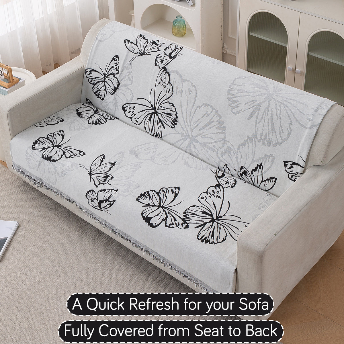 Premium 320 GSM Chenille Sofa Cover 'Serene Abode Series', Monochrome Butterfly
