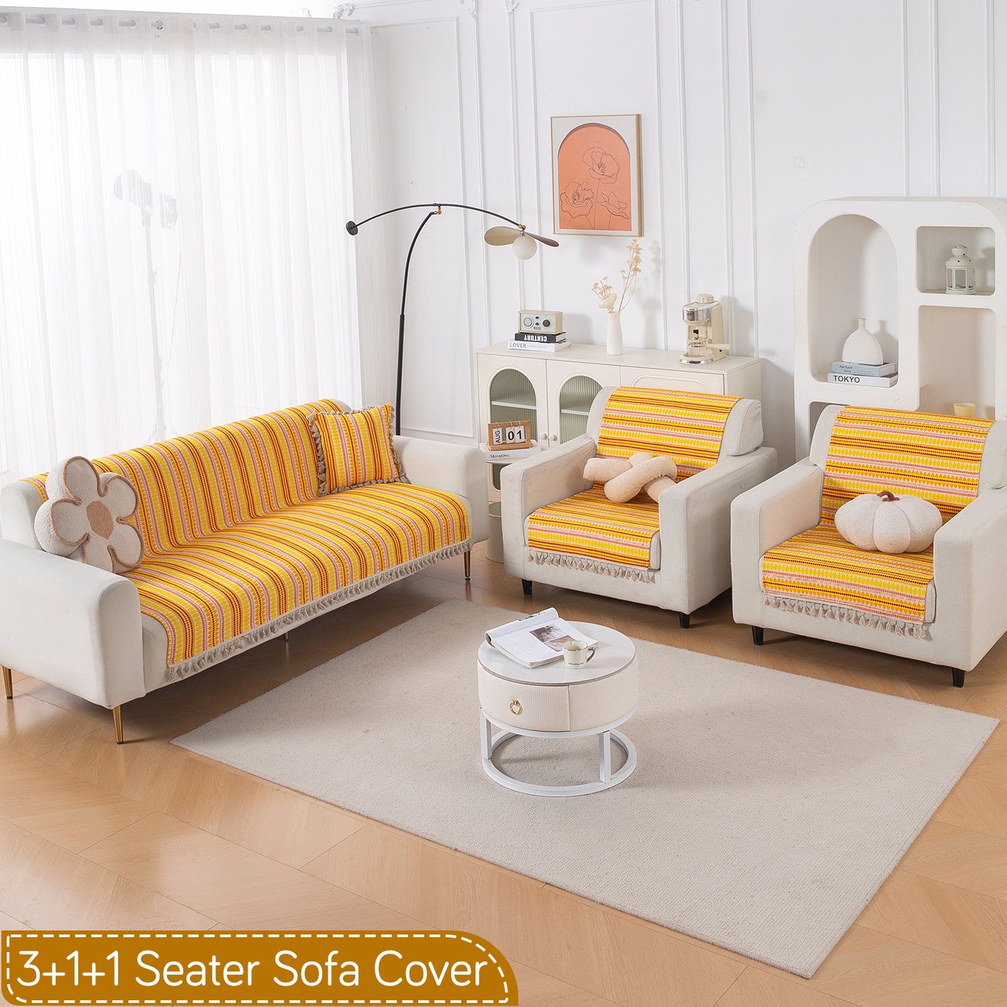 Artisan Boho Series 5-Seater Sofa Cover with Tassels (3+1+1), Mustard Yellow