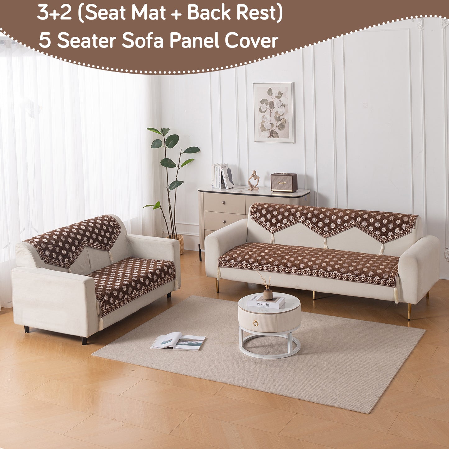 Heritage Weave Premium Jacquard Sofa Cover Set with Tassels - Russet Brown