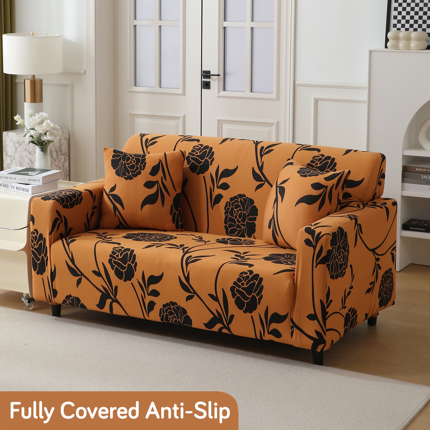 Copper Brown Floral Printed stretchable two seater sofa cover