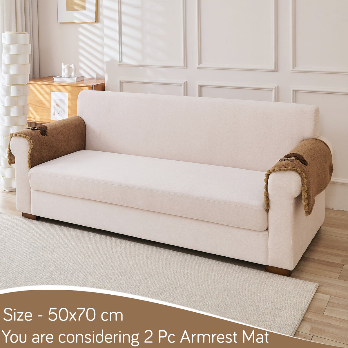 CloudHug Plush Sofa Cover Mat with PomPom and Wavy Edges, Mocha Cocoa