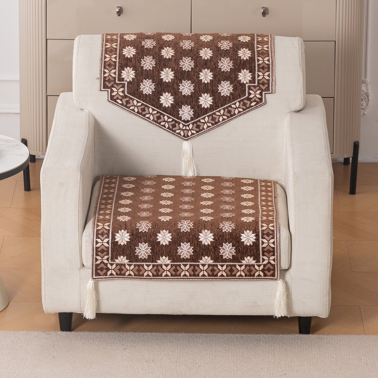 Heritage Weave Premium Jacquard Sofa Cover Set with Tassels - Russet Brown