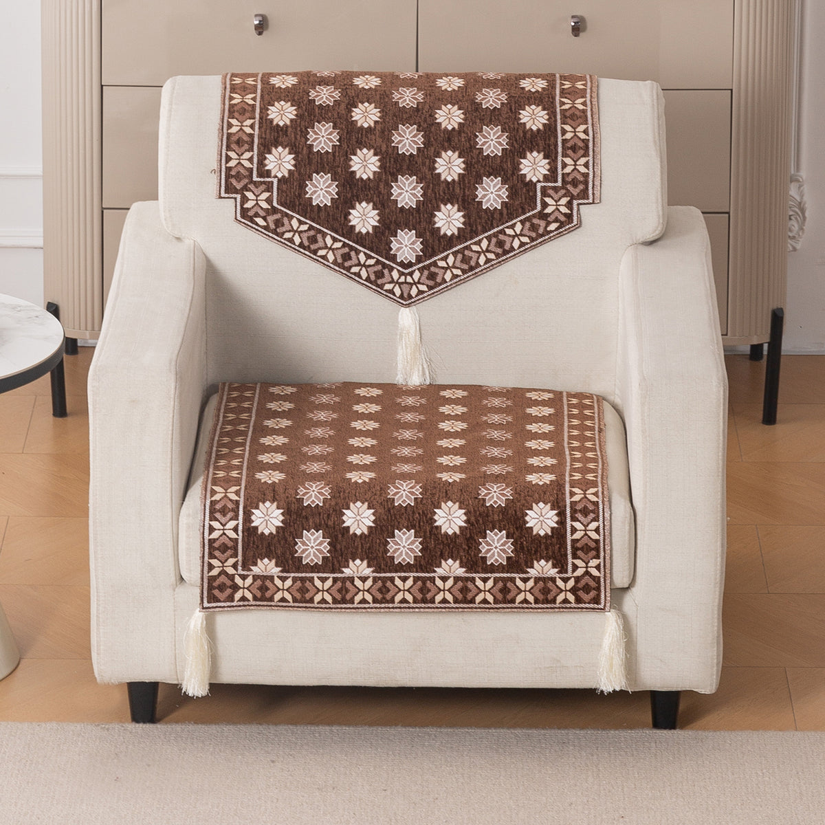 Heritage Weave Premium Jacquard Sofa Cover Set with Tassels - Russet Brown