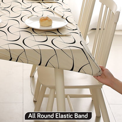 Printed Stretch Fit Water-Repellent & Anti-Slip Table Cloth Cover for 4 Seater / 6 Seater, Natural Beige Abstract Art