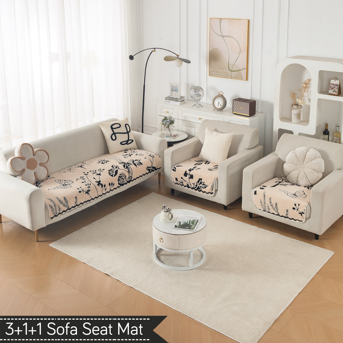 Luxury Plush Sherpa Anti Slip Combination Sofa Mat, 'Noirea Series'|Butterfly Garden
