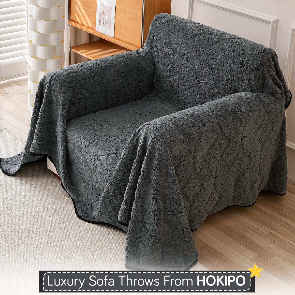 Buy Charcoal Grey Colour Wavy Petal Crest Series Plush Sofa Throw | HOKIPO