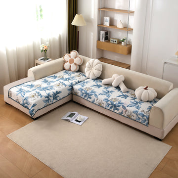 Printed Quilted L Shape Sofa Seat Mat, Celadon Blue Camellia