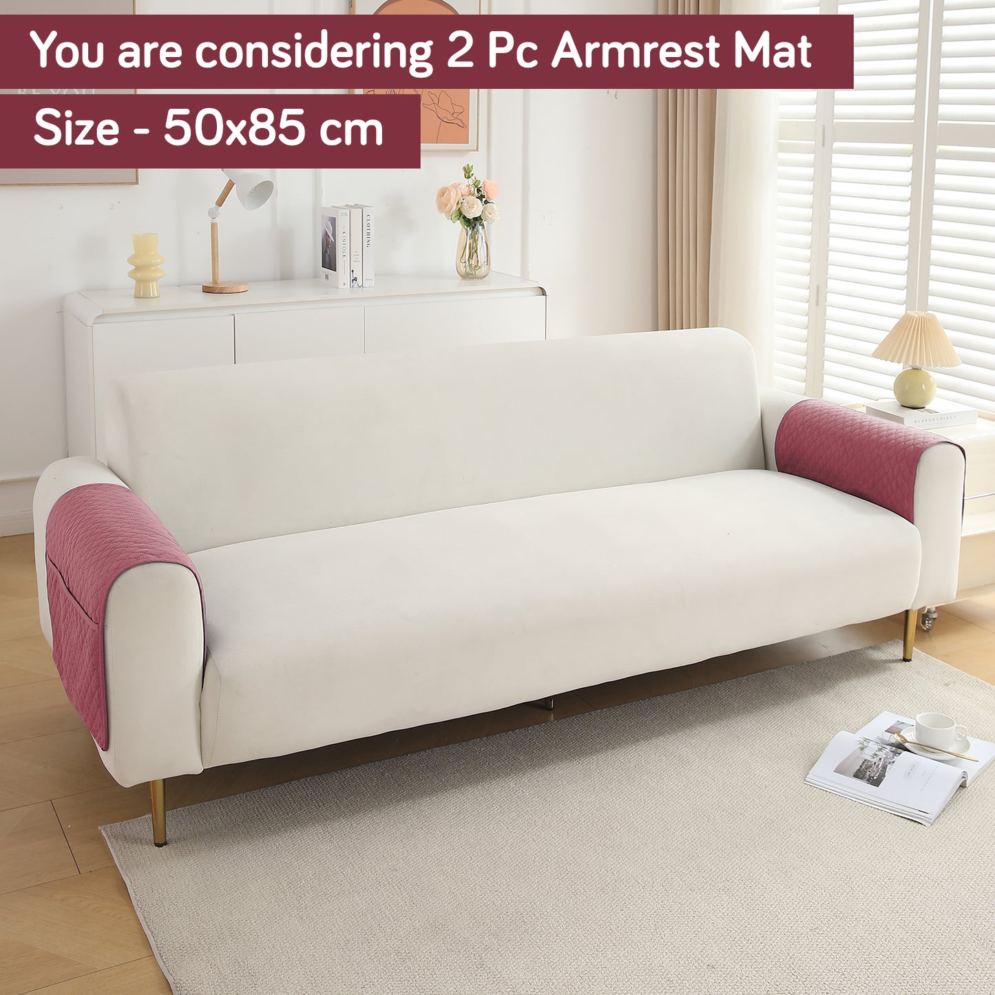 HOKIPO 2 Pcs Quilted Sofa Armrest Cover, Mauve Pink