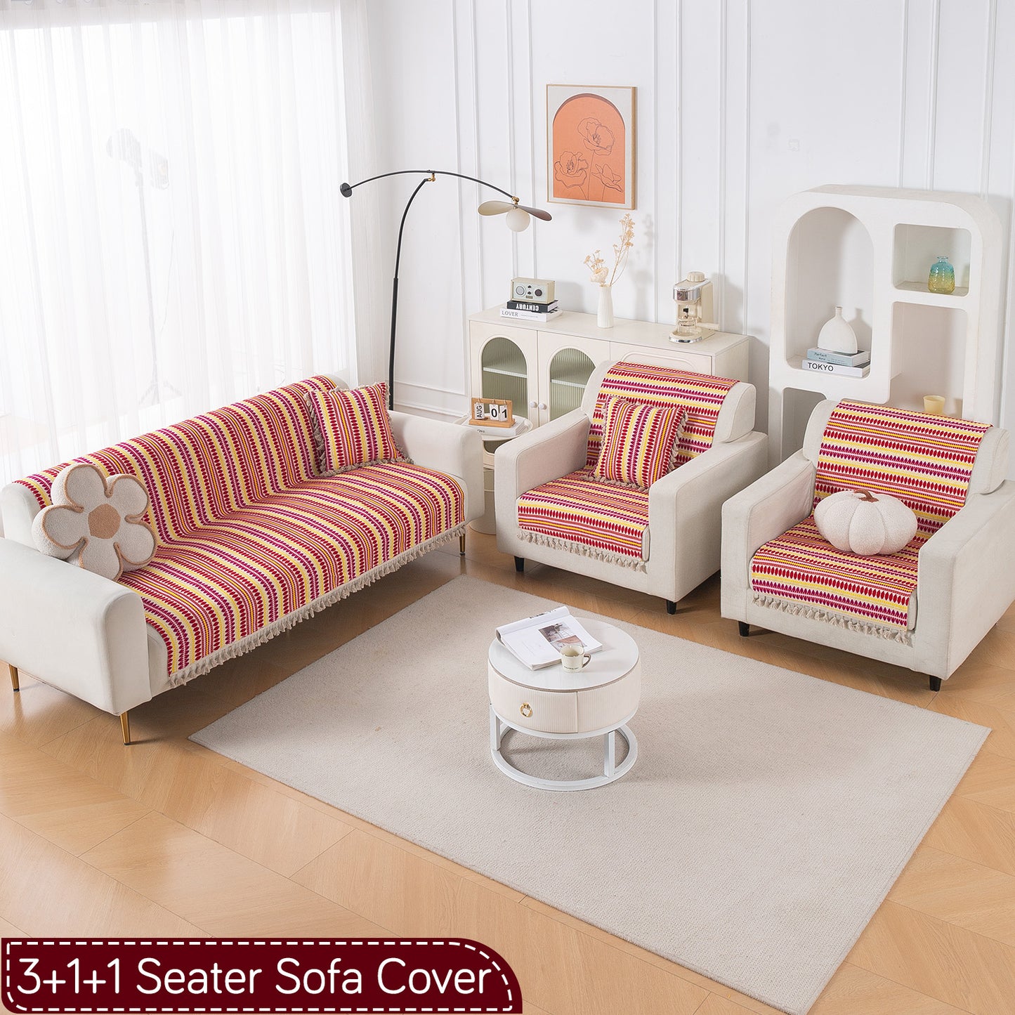 Artisan Boho Series 5-Seater Sofa Cover with Tassels (3+1+1), Ruby Red