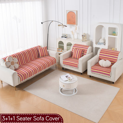 Artisan Boho Series 5-Seater Sofa Cover with Tassels (3+1+1), Ruby Red