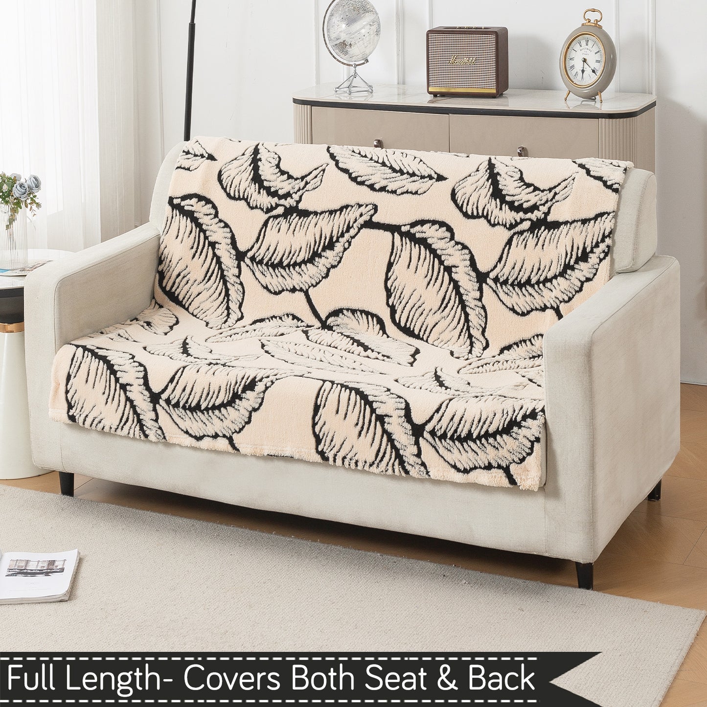 'Noirea Series' Plush Sofa Cover for Seat & Back, Botanical Leaf