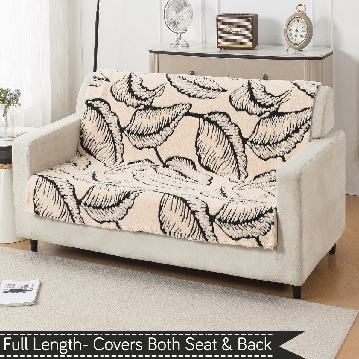 'Noirea Series' Plush Sofa Cover for Seat & Back, Botanical Leaf