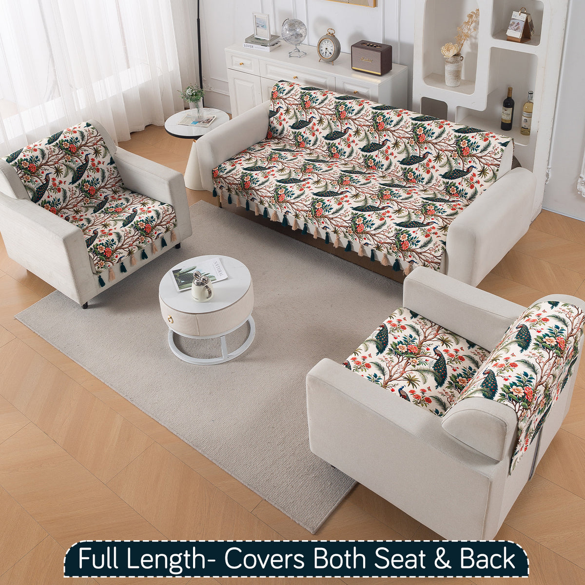 'Whispers of Nature' Series Holland Velvet Sofa Cover with Tassel, Multicolor Tropical Peacock