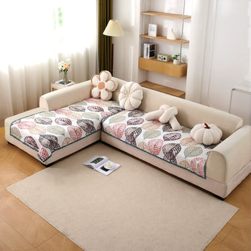Printed Quilted L Shape Sofa Seat Mat, Multicolor Linden Leaf