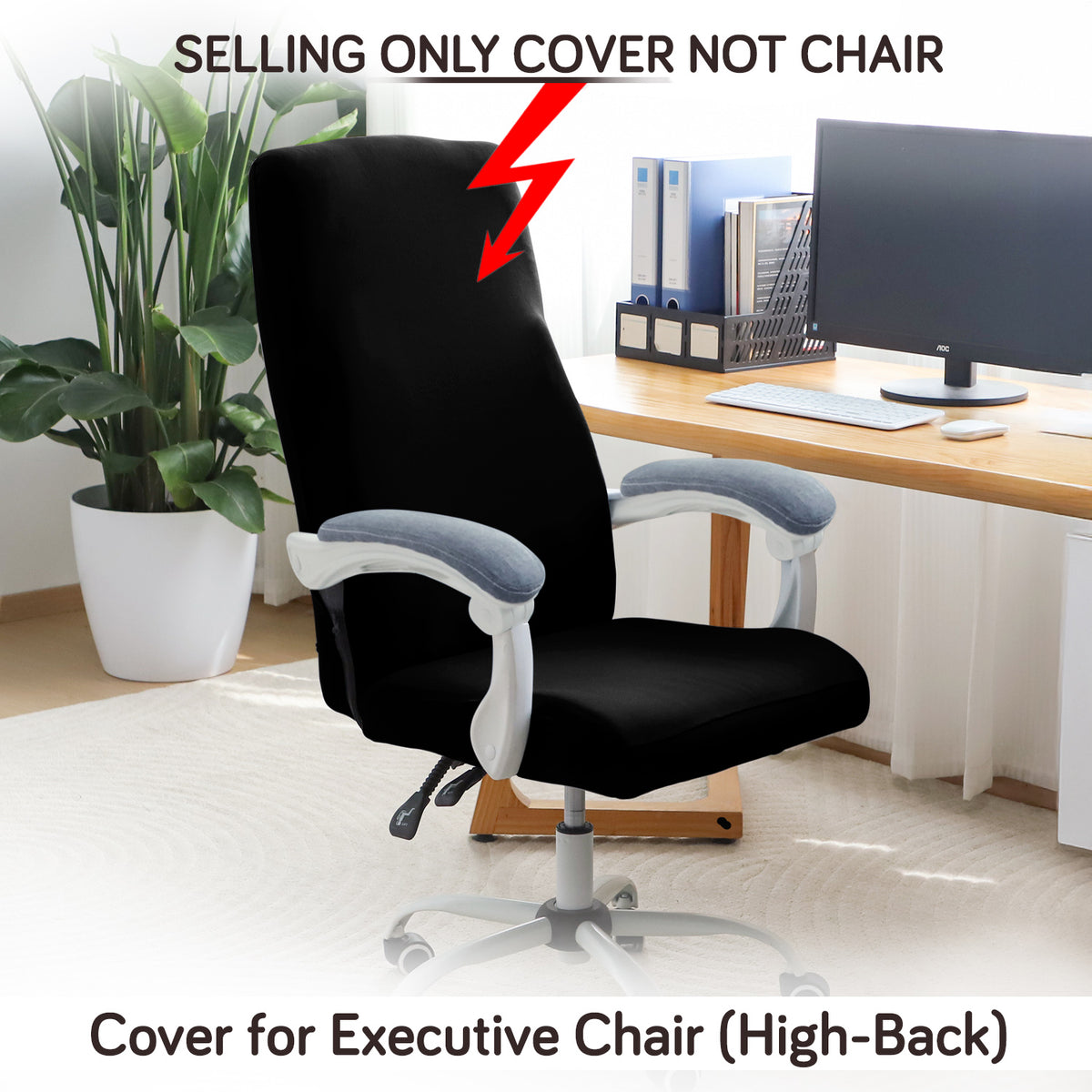 Office Chair Cover for Executive Chair (High-Back) – 140 GSM Stretchable Fabric – Washable & Anti-Slip – Fits Big & Tall Office Chairs, Black