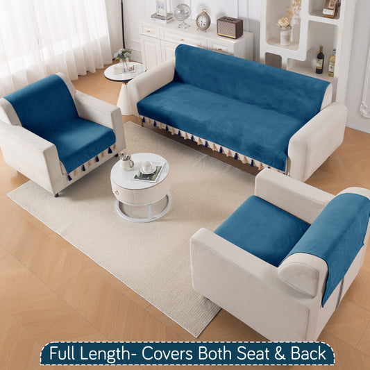 Holland Velvet 5-Seater Sofa Cover (3+1+1), TasselTone Series | Sea Blue
