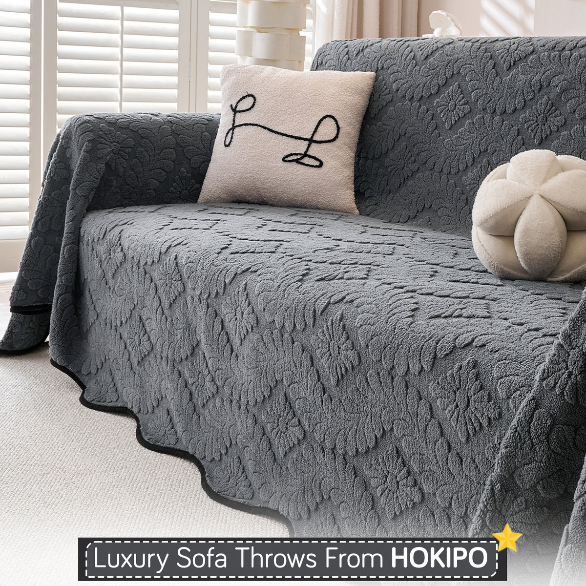 Buy Premium Charcoal Grey Colour Wavy Petal Crest Series Plush Sofa Throw | HOKIPO