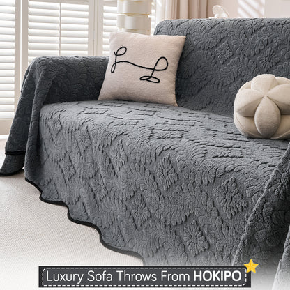 Buy Premium Charcoal Grey Colour Wavy Petal Crest Series Plush Sofa Throw | HOKIPO