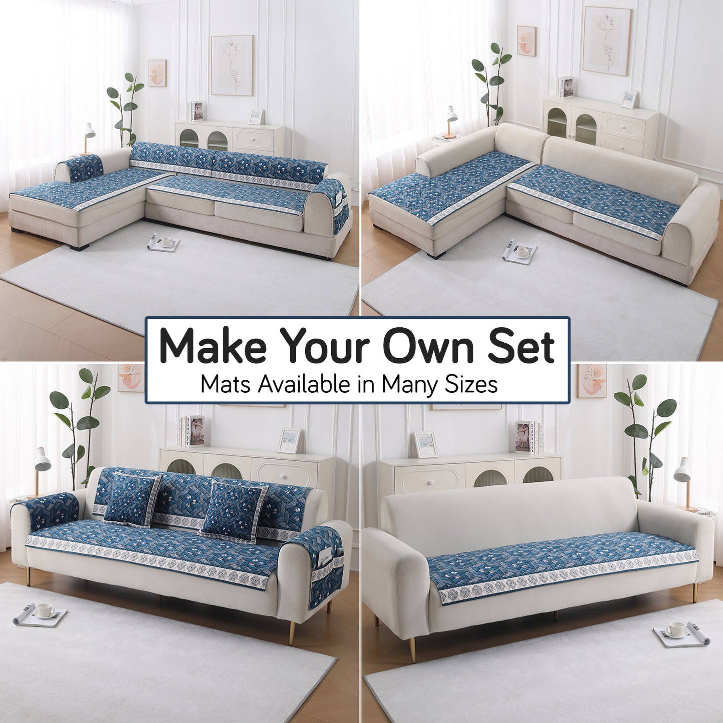 LiefNest Holland Velvet Sofa Cover Mat with Foam Filling - Geometric Floral Oriental Blue