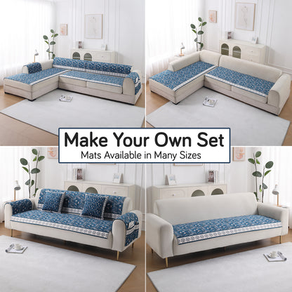 LiefNest Holland Velvet Sofa Cover Mat with Foam Filling - Geometric Floral Oriental Blue