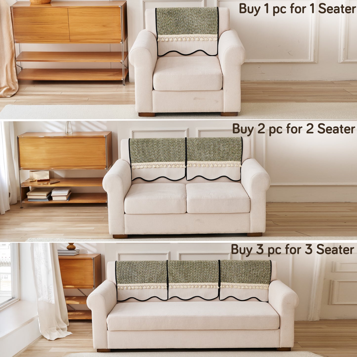 Thick Woven Weave Chenille Sofa Cover with Tassel|'Wavy Royale Series' Sage Green