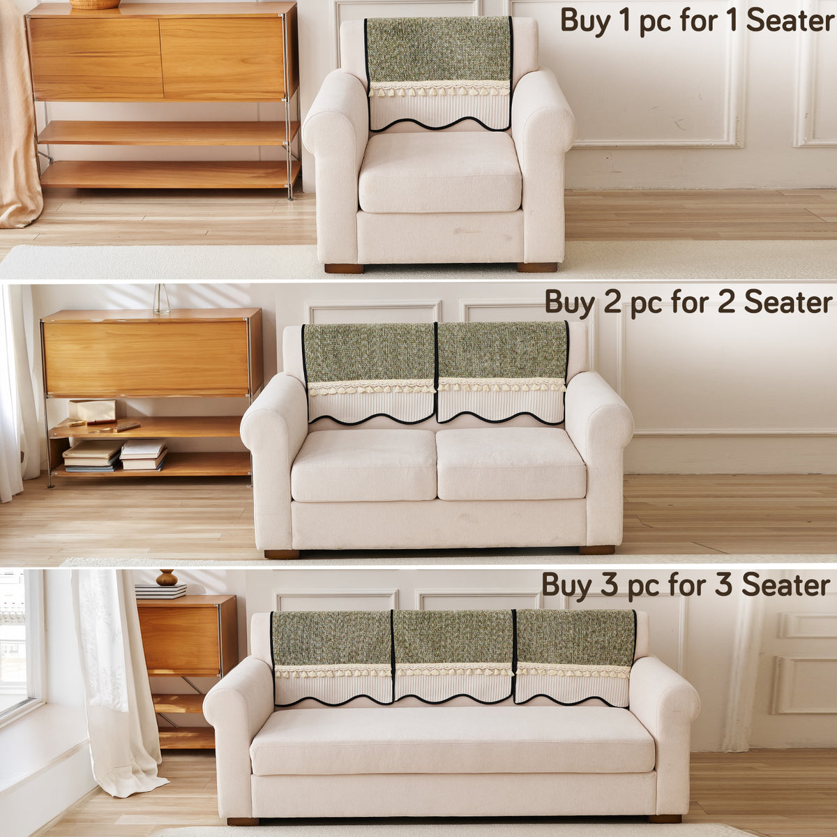 'Wavy Royale Series' Thick Woven Weave Chenille Sofa Cover with Tassel, Sage Green