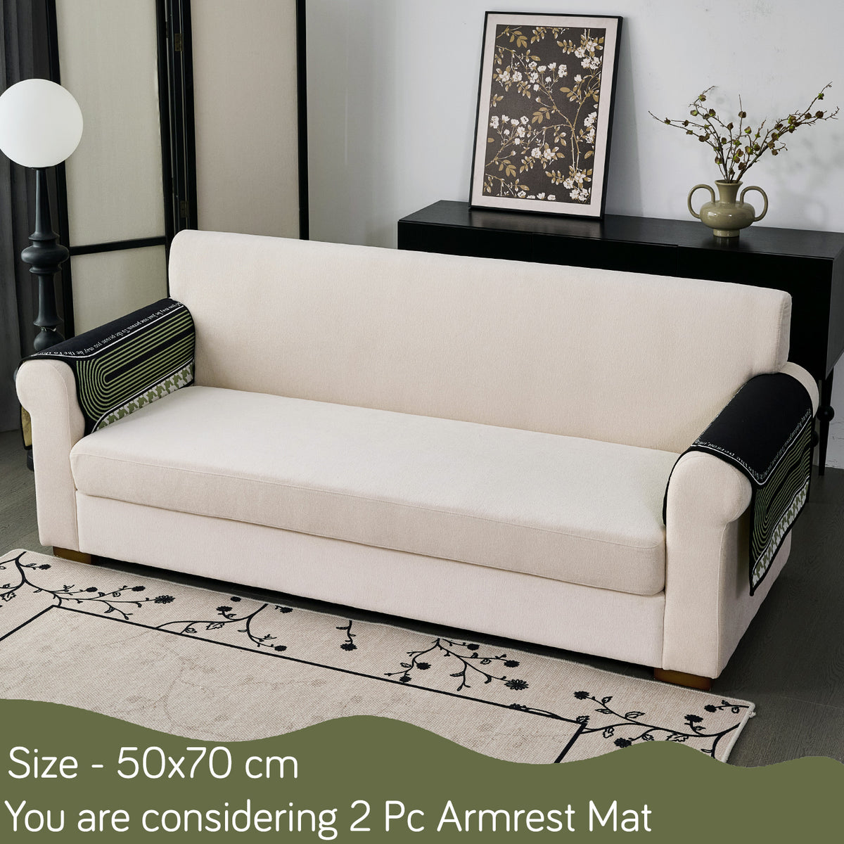 Arcea Chenille With Curved Edges Sofa Cover Mat, Sage Curve