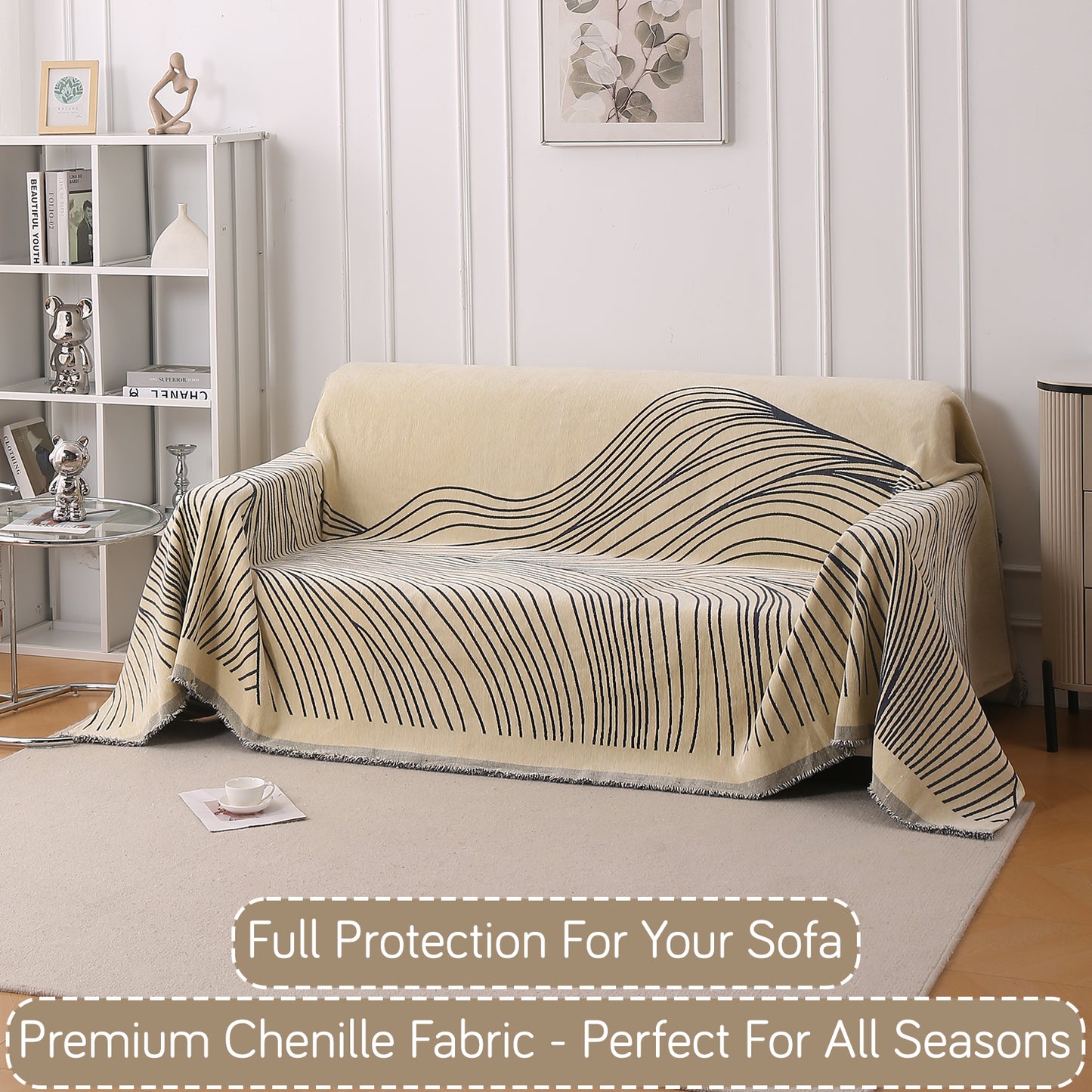WaveLoom Collection Printed Chenille Sofa Cover Throw Blanket, Grey