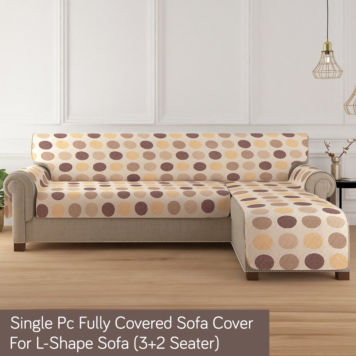 HomeHues Series Quilted Sofa Cover with Secure Fit Belt for L Shape sofa, Brown Polka Dot