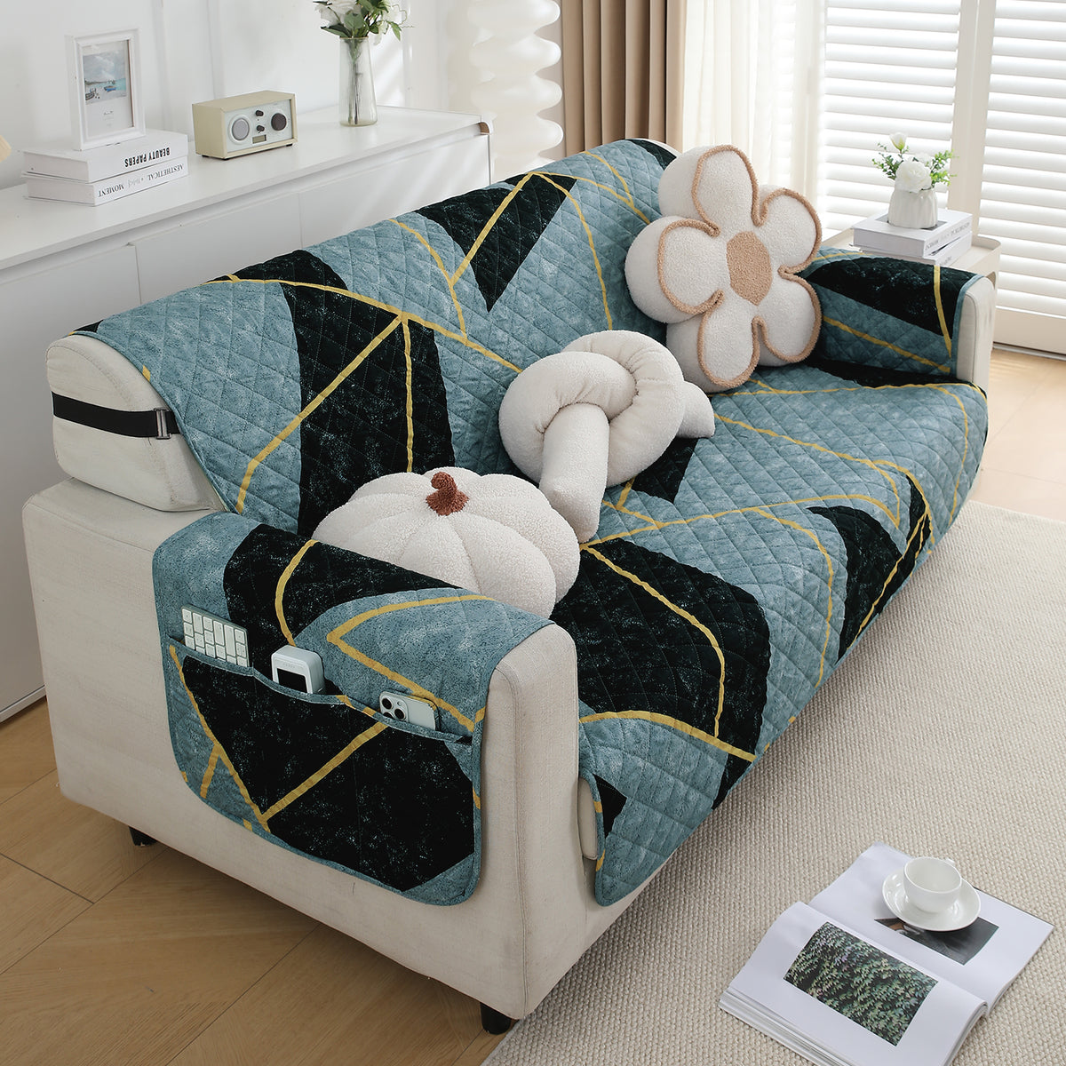 Waterproof & Quick-Dry Quilted Sofa Cover with Pockets on Armrest, Multicolor Abstract Geometry