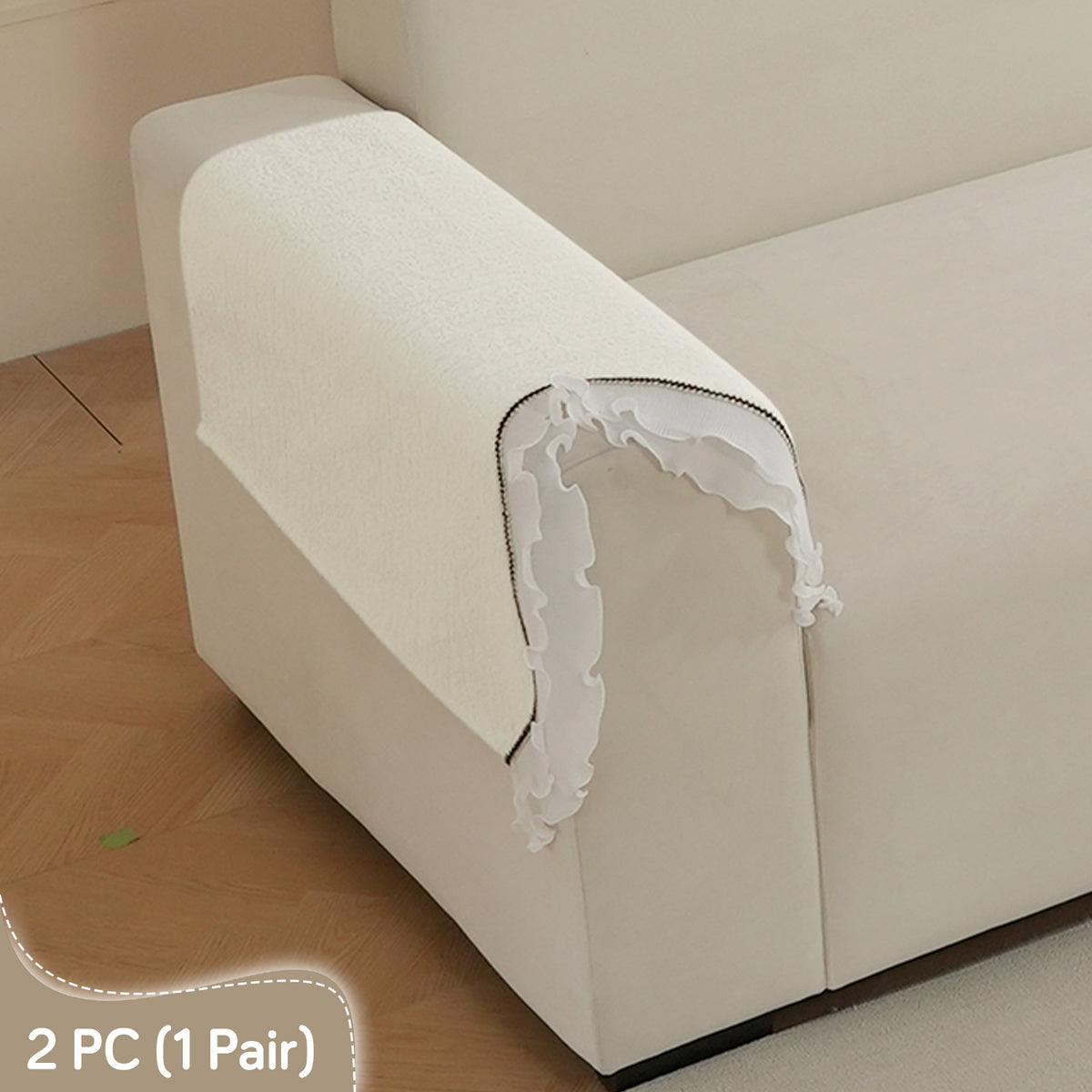 French Classic Frill Wavy Sofa Cover Mat with Curve & Lace - Snow White Ivory