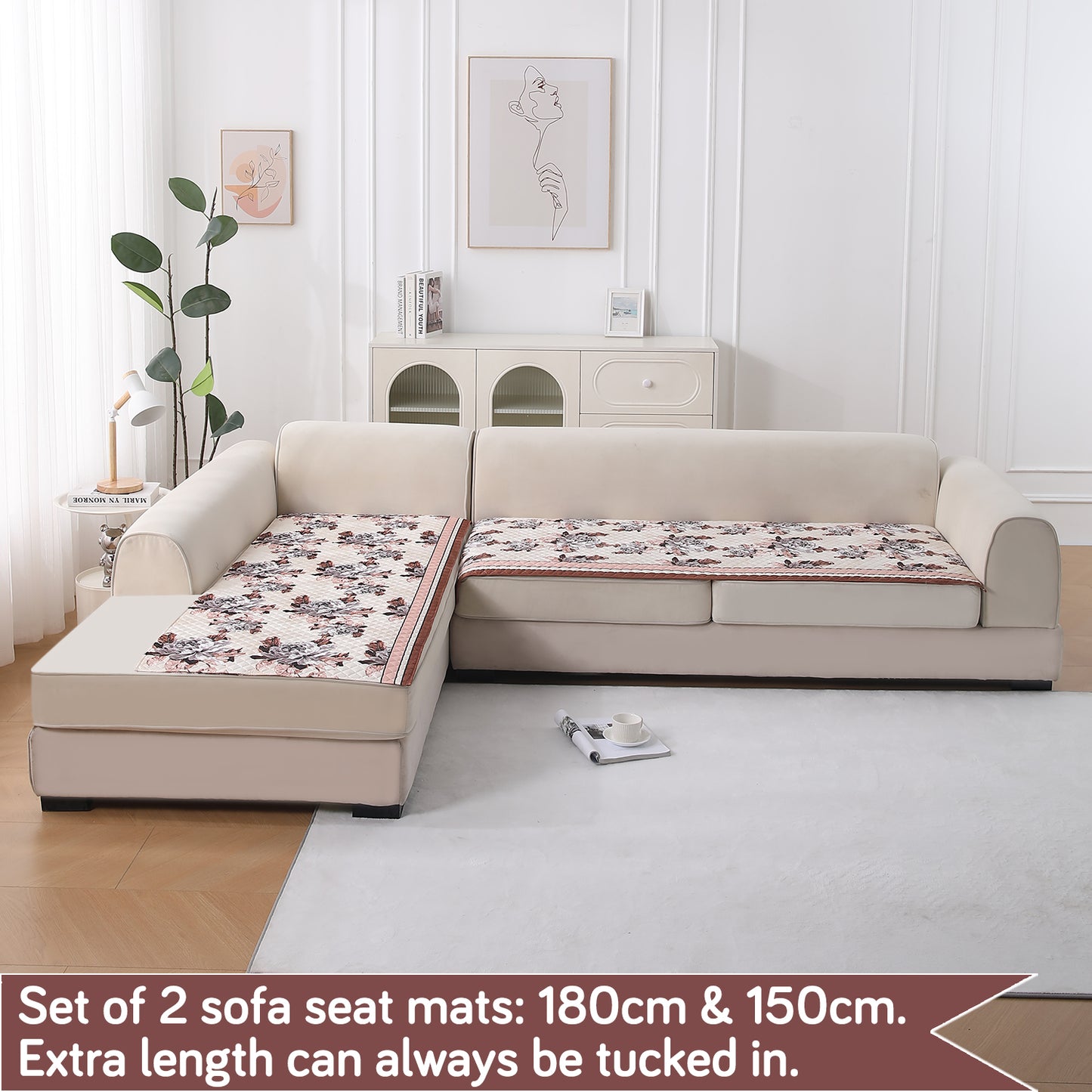 LiefNest Printed Holland Velvet L Shape Sofa Seat Mat with Foam Filling - Chrysanthemum Bloom Soft Beige