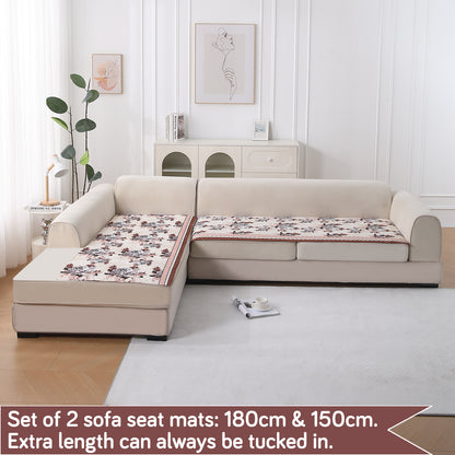 LiefNest Printed Holland Velvet L Shape Sofa Seat Mat with Foam Filling - Chrysanthemum Bloom Soft Beige
