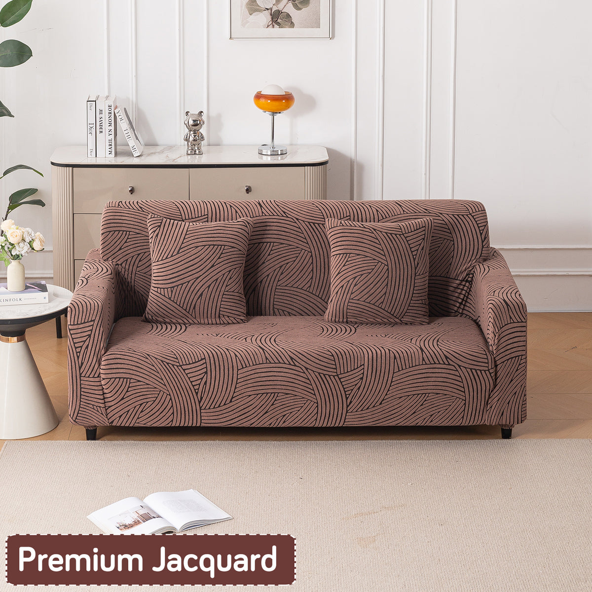 Buy rust brown colour waveline series jacquard three seater sofa cover​