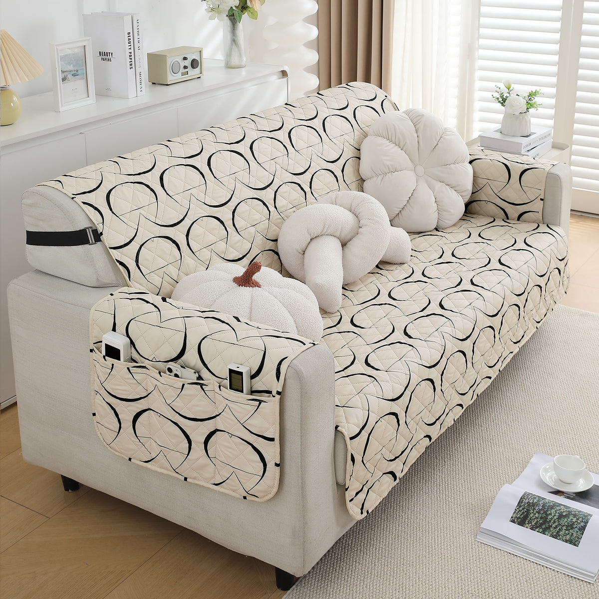 Waterproof & Quick-Dry Quilted Sofa Cover with Pockets on Armrest, Natural Beige Abstract Art