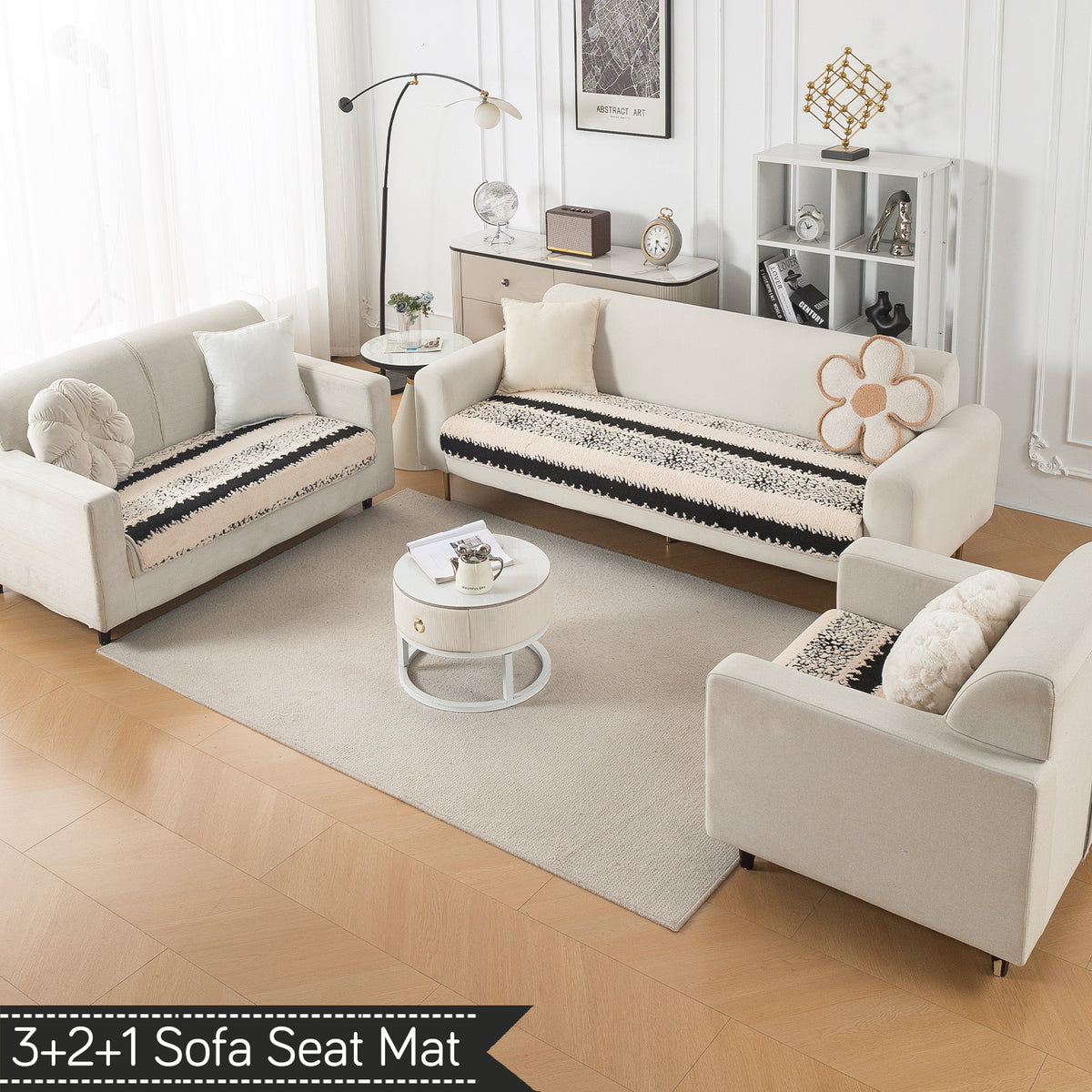 Luxury Plush Sherpa Anti Slip Combination Sofa Mat, 'Noirea Series'|Textured Stripe