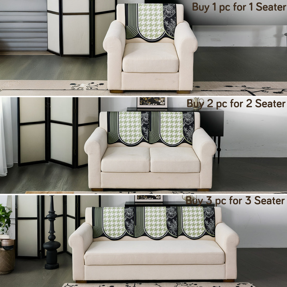 Arcea Chenille With Curved Edges Sofa Cover Mat, Sage Curve