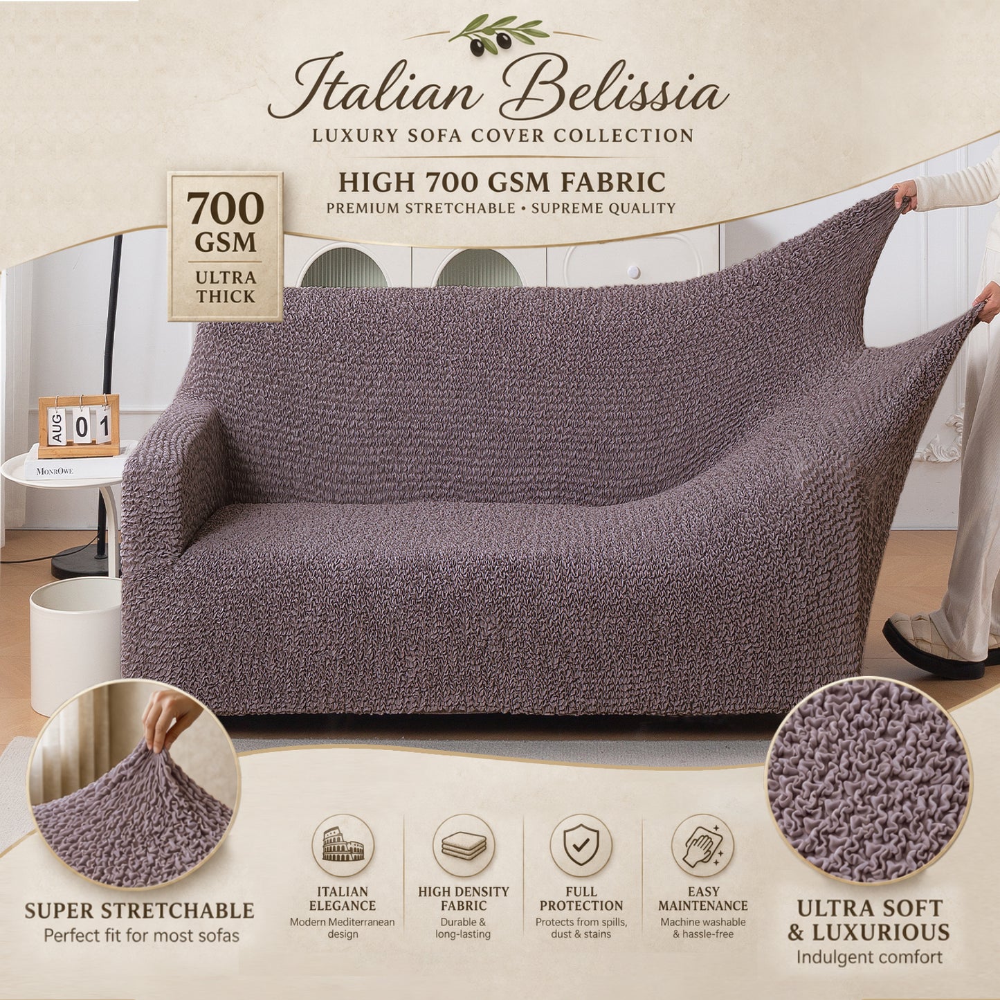 Italian Belissia Luxe Series' Super Stretchable Microfiber 1/2/3 Seater Sofa Cover, Plum Brown