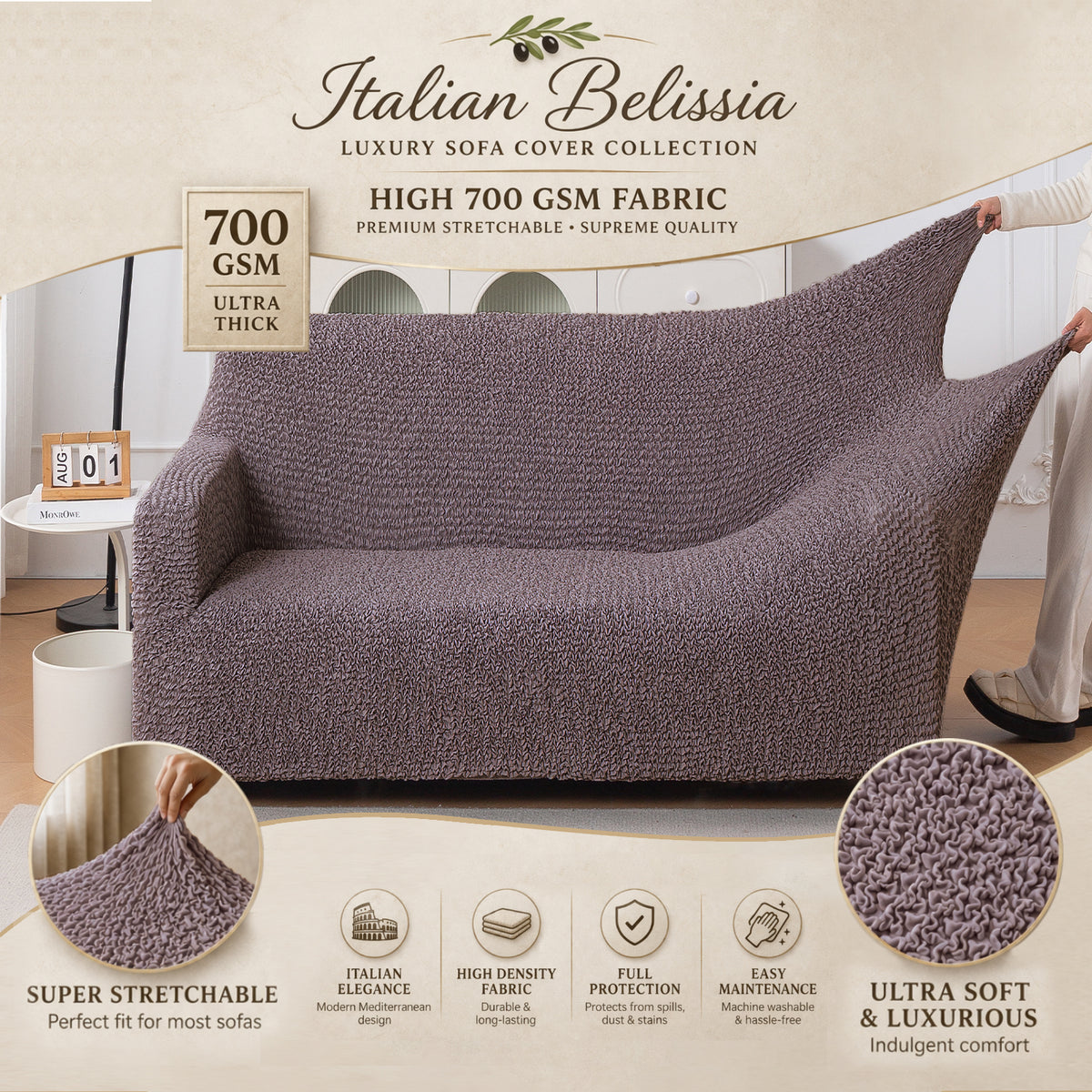 Italian Belissia Luxe Series' Super Stretchable Microfiber 1/2/3 Seater Sofa Cover, Plum Brown