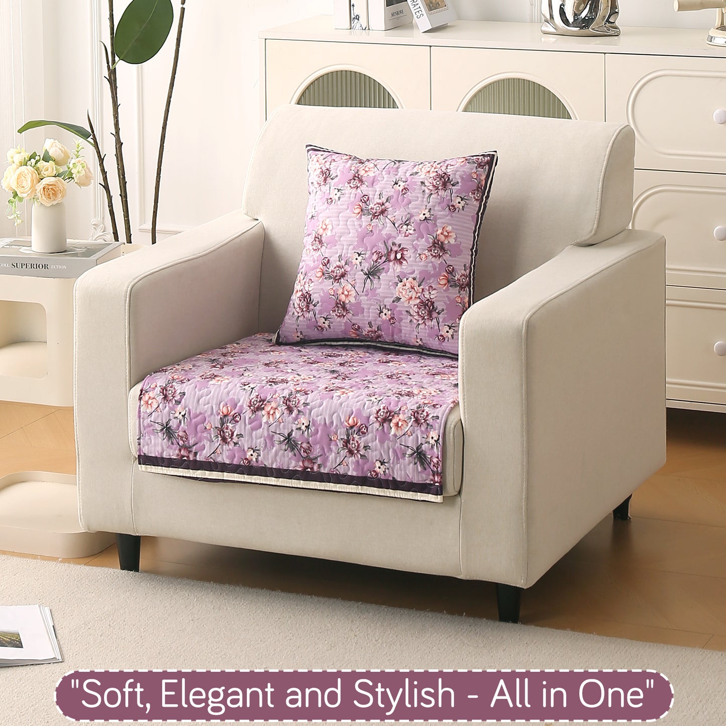 Florentina Series Printed Holland Velvet Sofa Mat - Peony Lavender