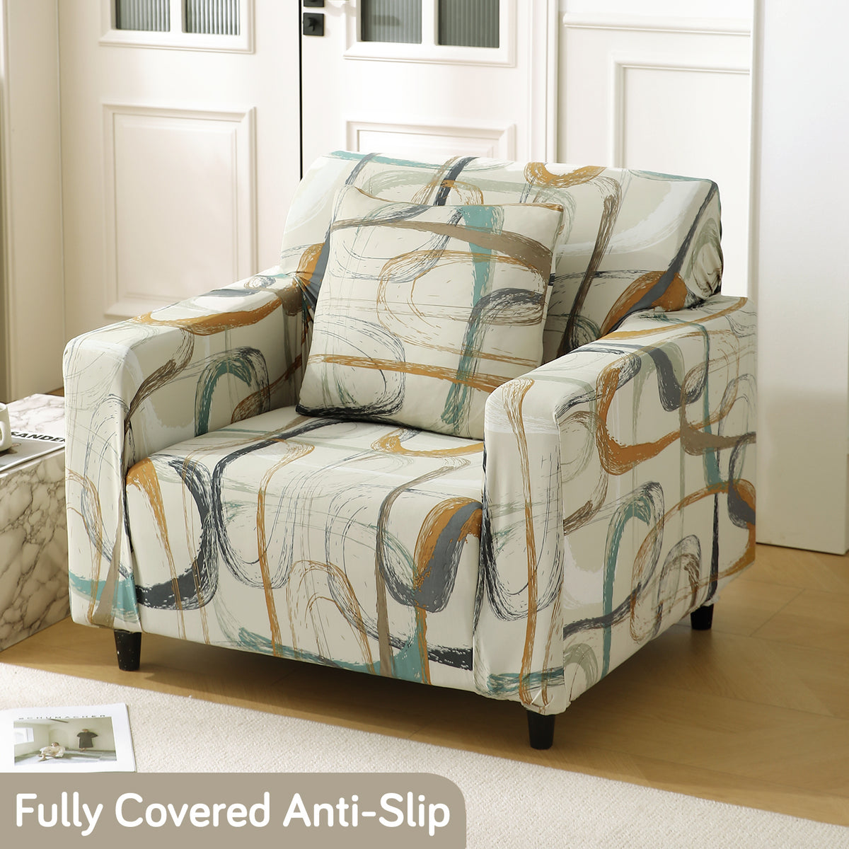 Parchement Beige Abstract Art non slip elastic 1 seater sofa cover​