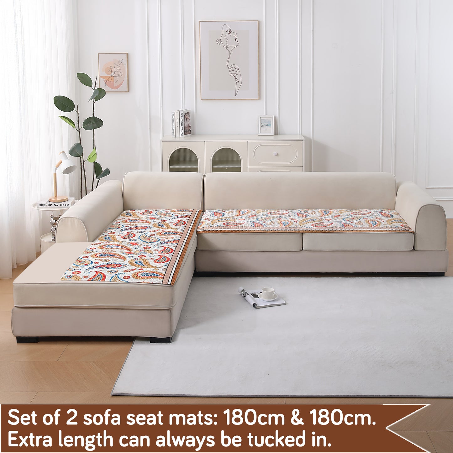 LiefNest Printed Holland Velvet L Shape Sofa Seat Mat with Foam Filling - Paisley Multicolor
