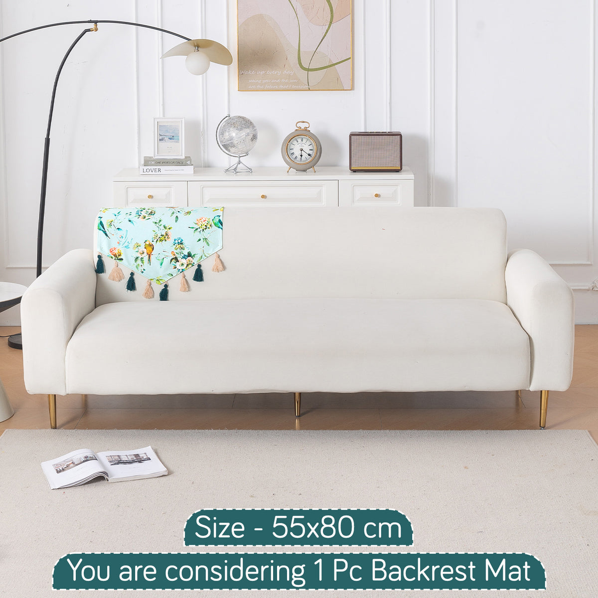 'Whispers of Nature' Series Holland Velvet Sofa Mat with Tassel, Mint Birdsong Blossom