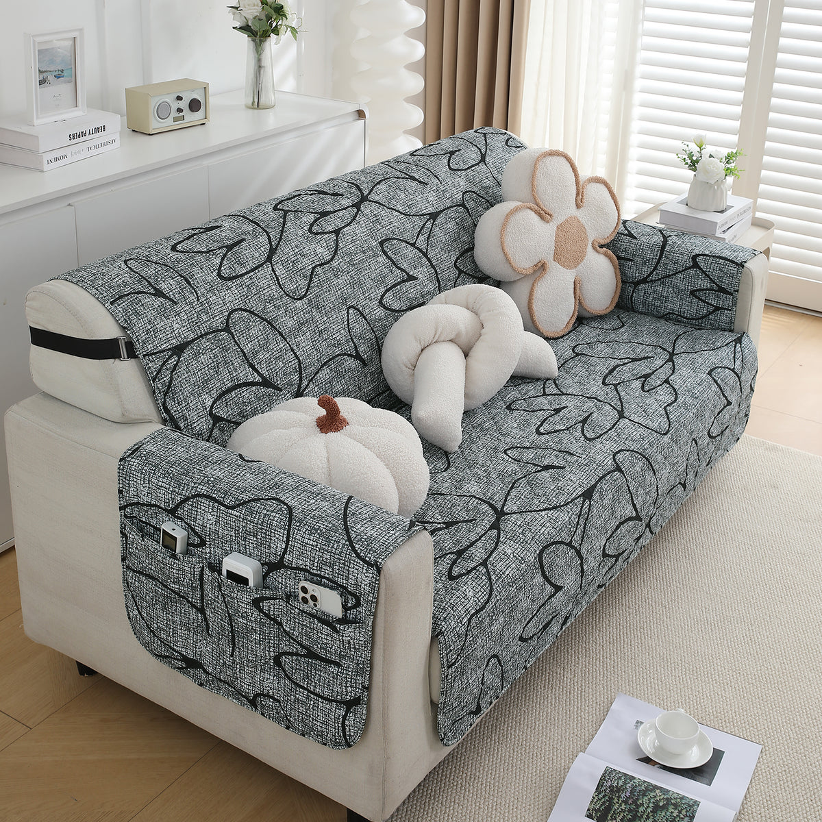 Waterproof & Quick-Dry Quilted Sofa Cover with Pockets on Armrest, Intense Grey Abstract Floral